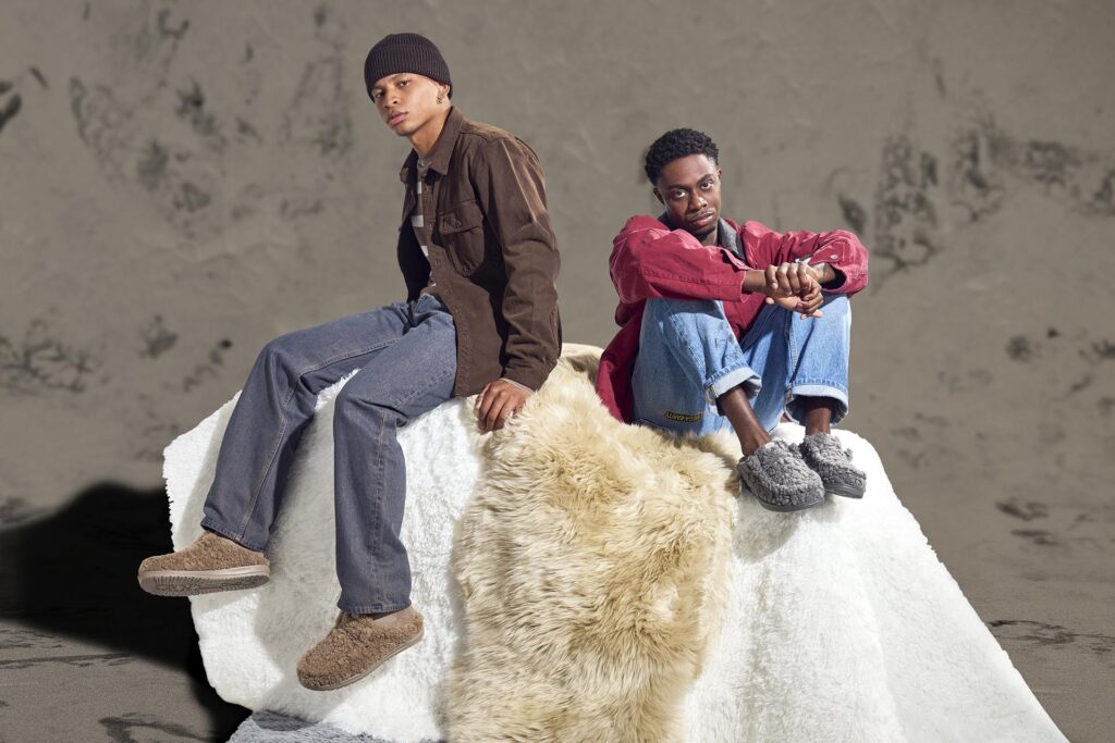 Models wearing the fuzzy HEYDUDE Wally Slippers.