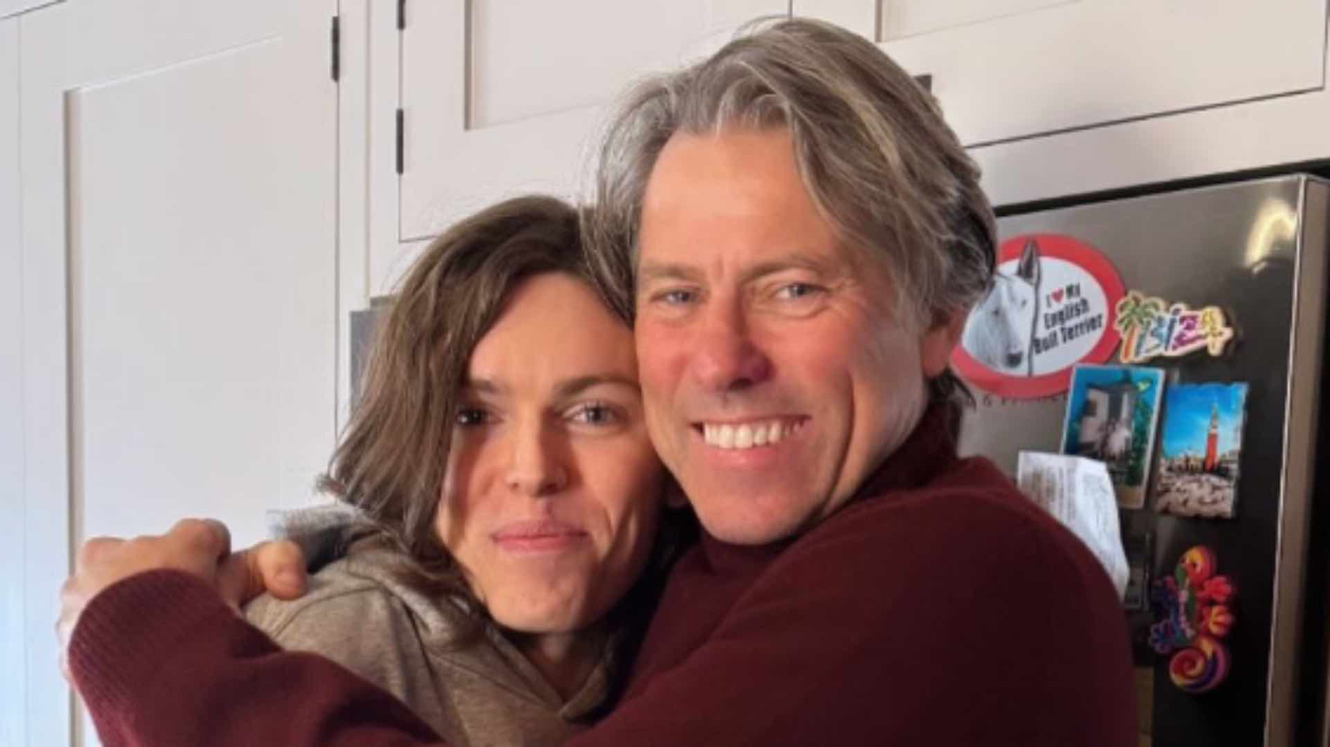 John Bishop and son Luke Bishop hugging