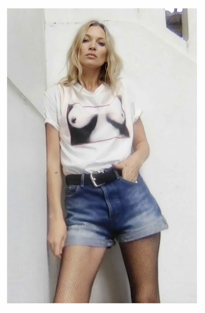 Kate Moss models an archival Vivienne Westwood print as part of a charity collection for The Vivienne Foundation.