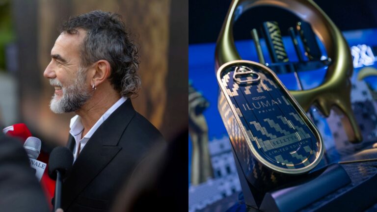 Composite of Stefano Seletti smiling on a red carpet and a photo of his limited edition IQOS packaging