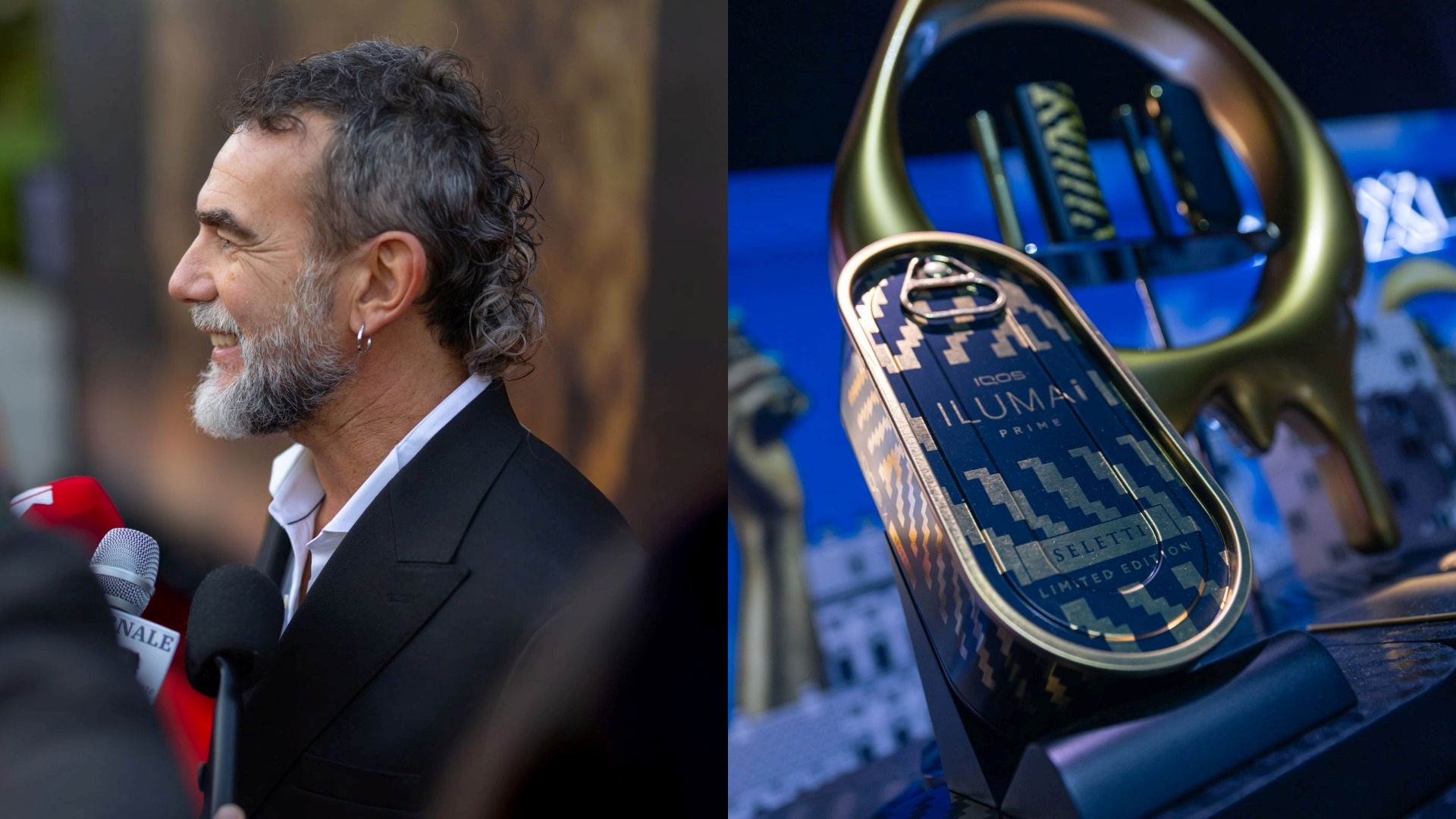 Composite of Stefano Seletti smiling on a red carpet and a photo of his limited edition IQOS packaging