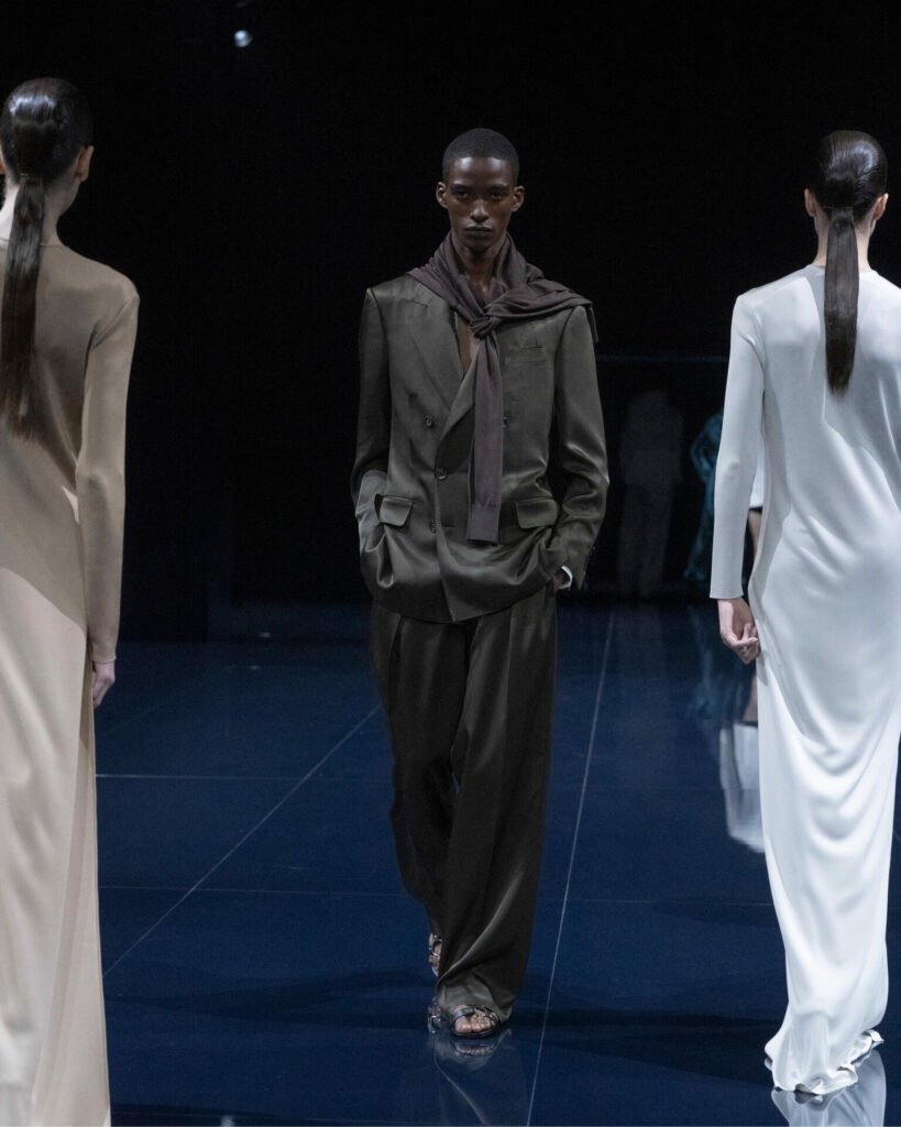 A model wears a tonal brown suit at the Tom Ford Spring/Summer 2026 show at Paris Fashion Week. 