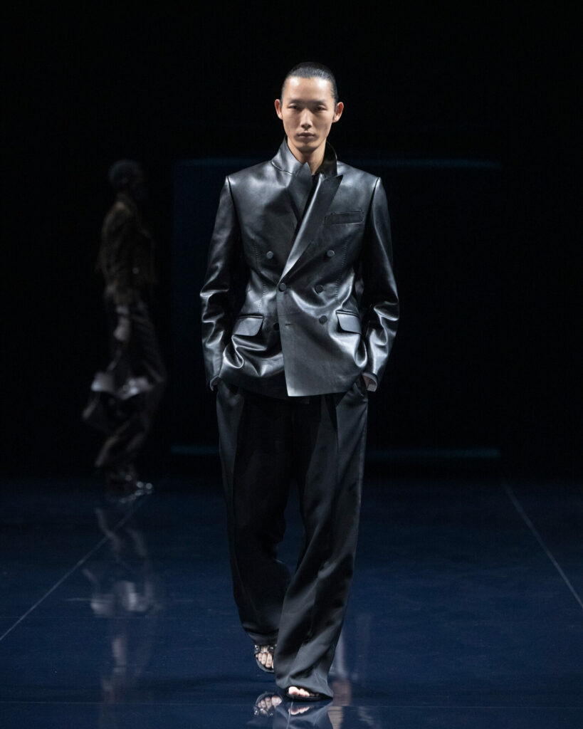 A model wears a leather double-breasted jacket from the Tom Ford Spring/Summer 2026 collection. 