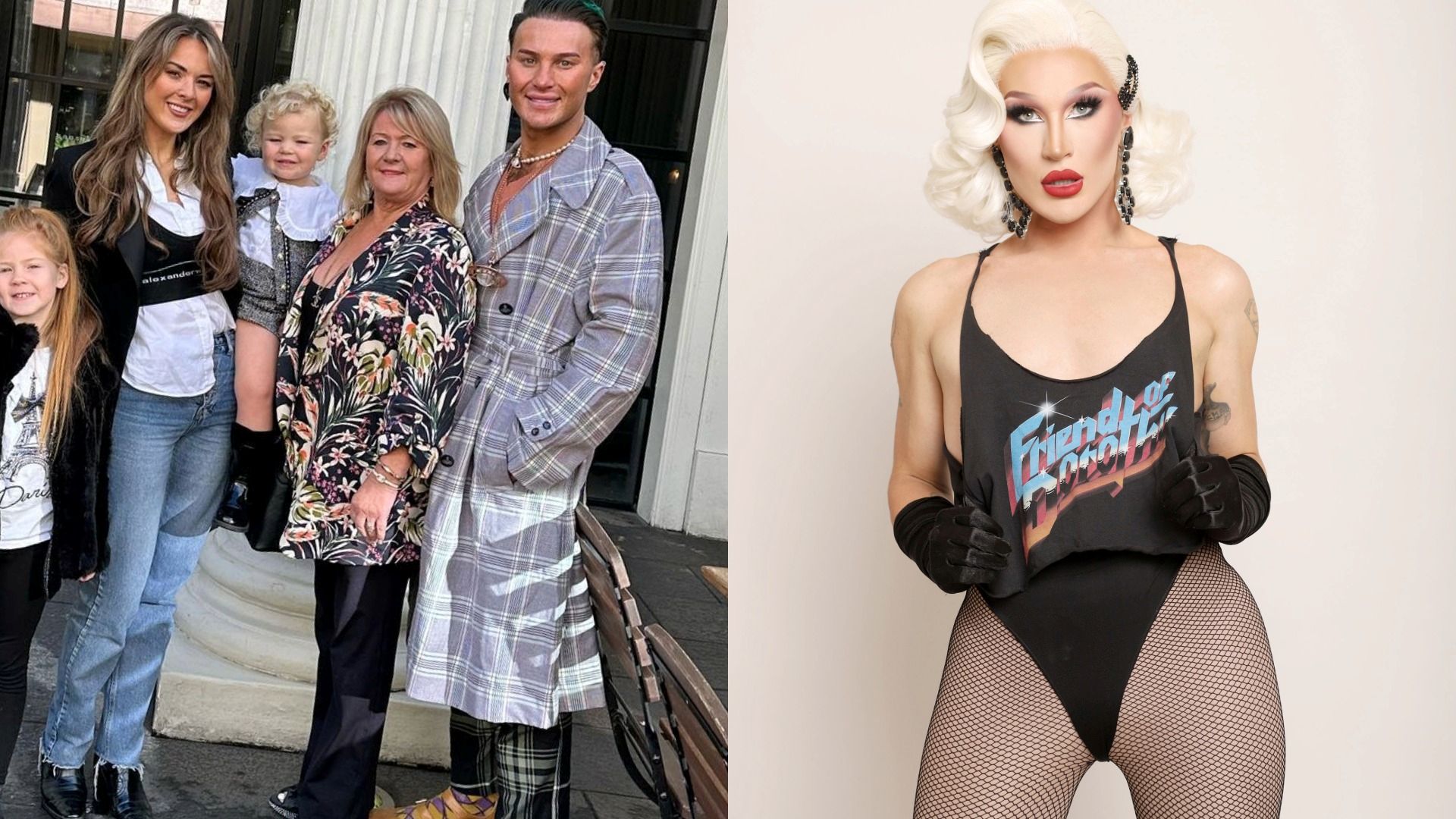 Composite image of James Lee Williams with his mum, sister and her children and an image of The Vivienne wearing a black leotard