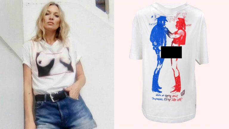 Composite of Kate Moss wearing a Westwood T-shirt with breasts on it and a second image of Werstwood's Cowboys T-shirt in white