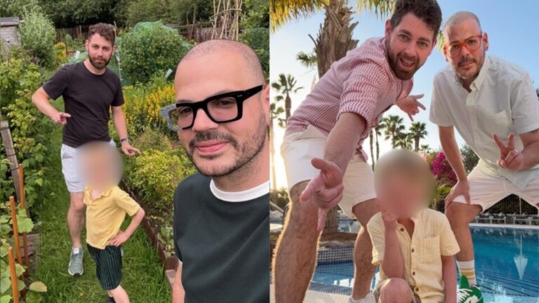 a composite of images of the dads with their son, on the left in a green garden, and on the right in front of a blue swimming pool