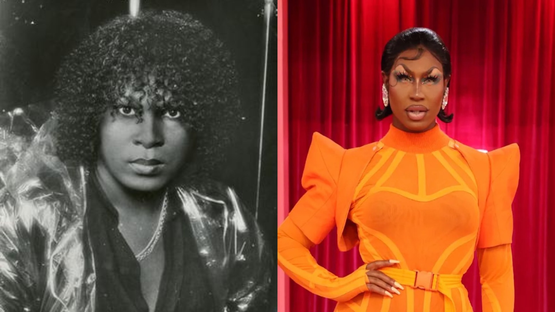 head and shoulder shots of Sylvester and Shea Couleé, there former in black and white and the latter on Drag Race in an orange top