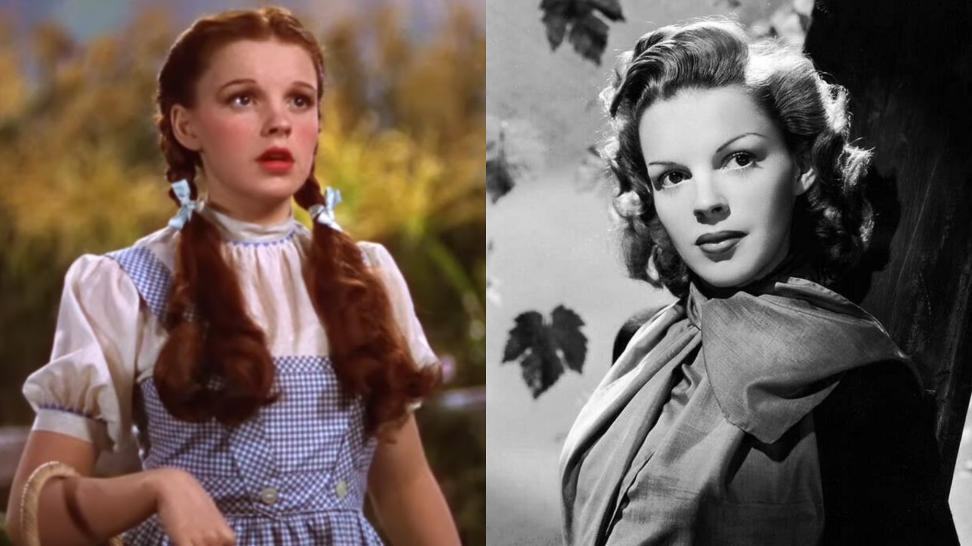Judy Garland in The Wizard of Oz in 1939, and right, in a black and white promotional shot