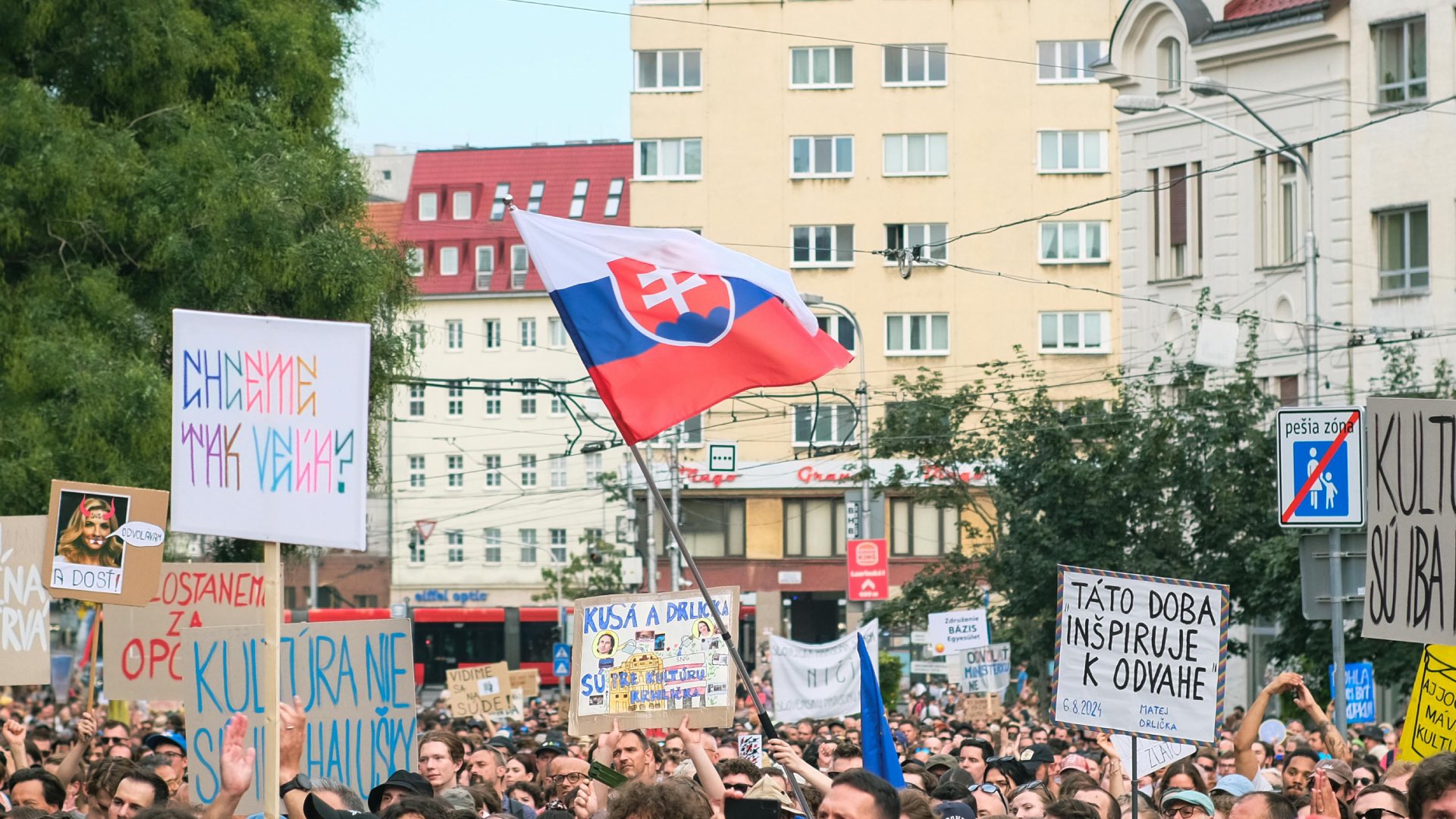 Slovakia flag in a crowd of protesters