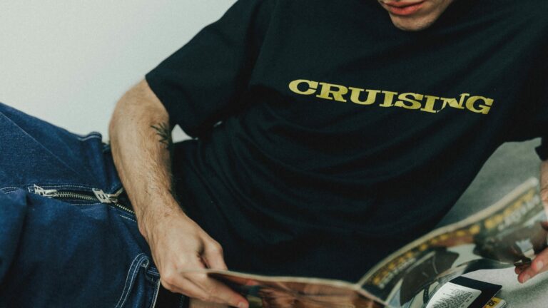 A model wears a cruising T-shirt from the east London brand EricAf