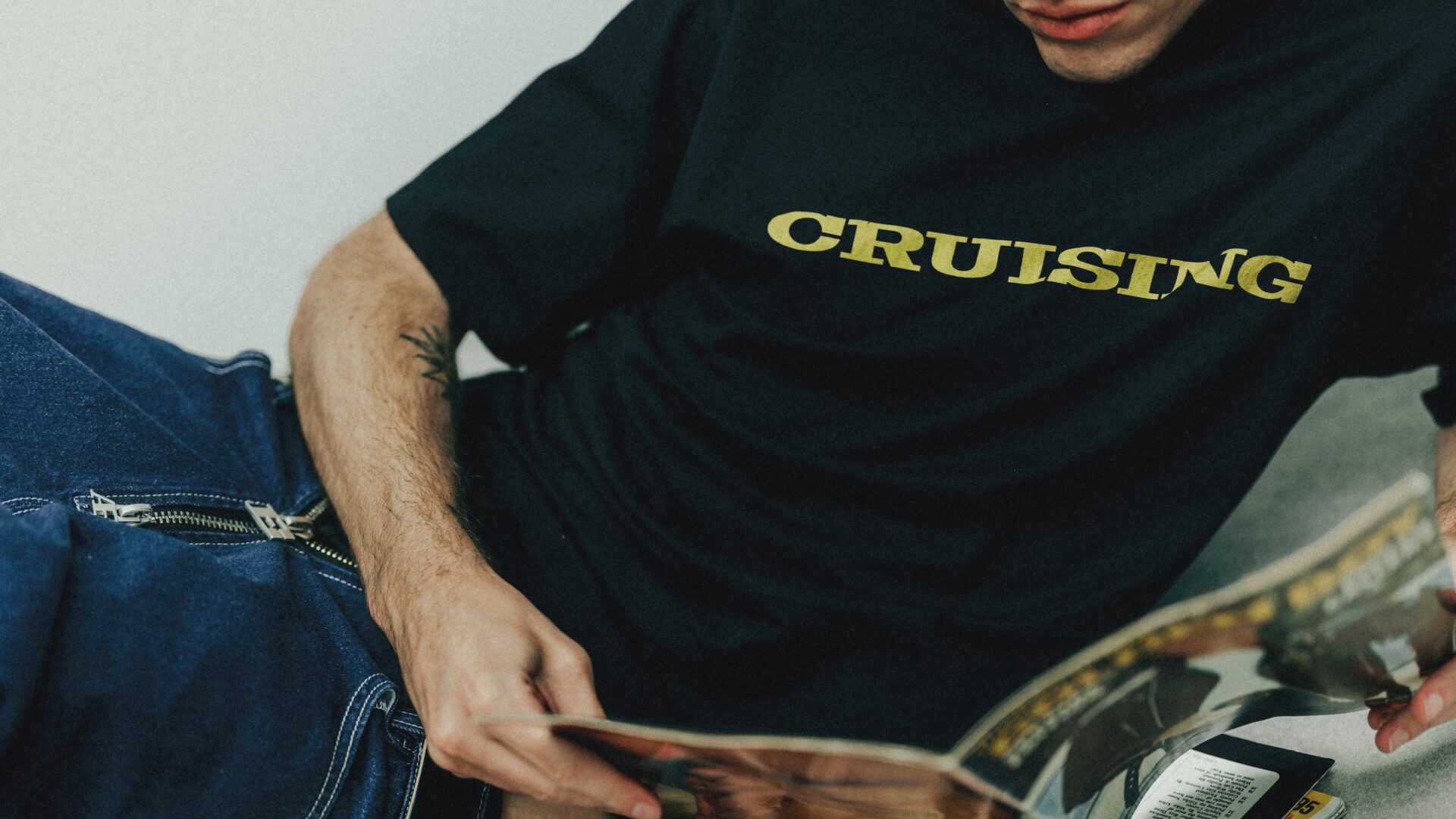 A model wears a cruising T-shirt from the east London brand EricAf