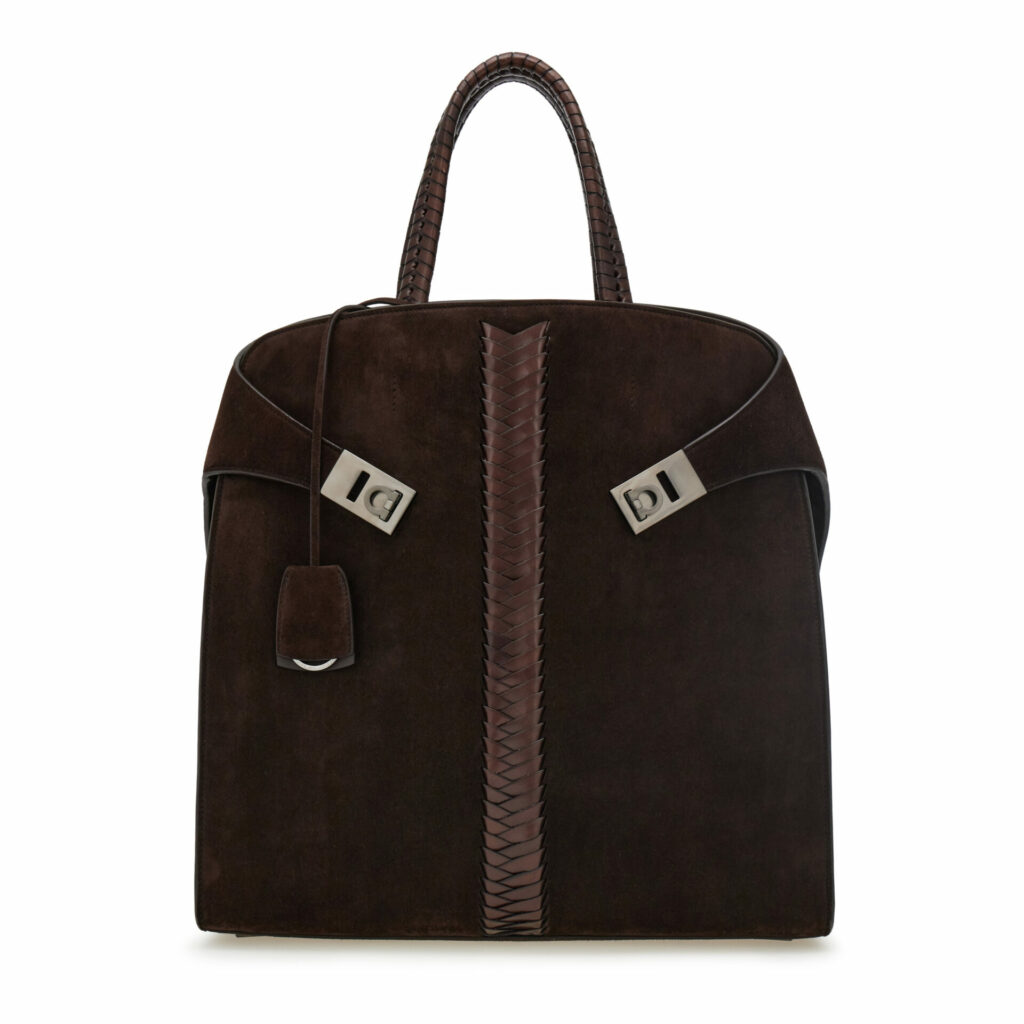 A product shot of the suede Ferragamo Hug tote bag 