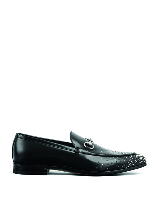 A product shot of the Gucci horse bit studded loafers for the 2025 holidays 