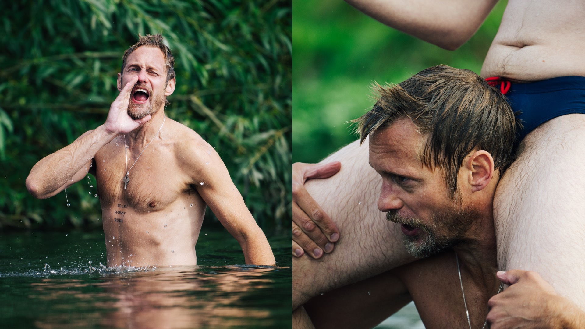 a composite of images of Alexander topless in water in Pillion