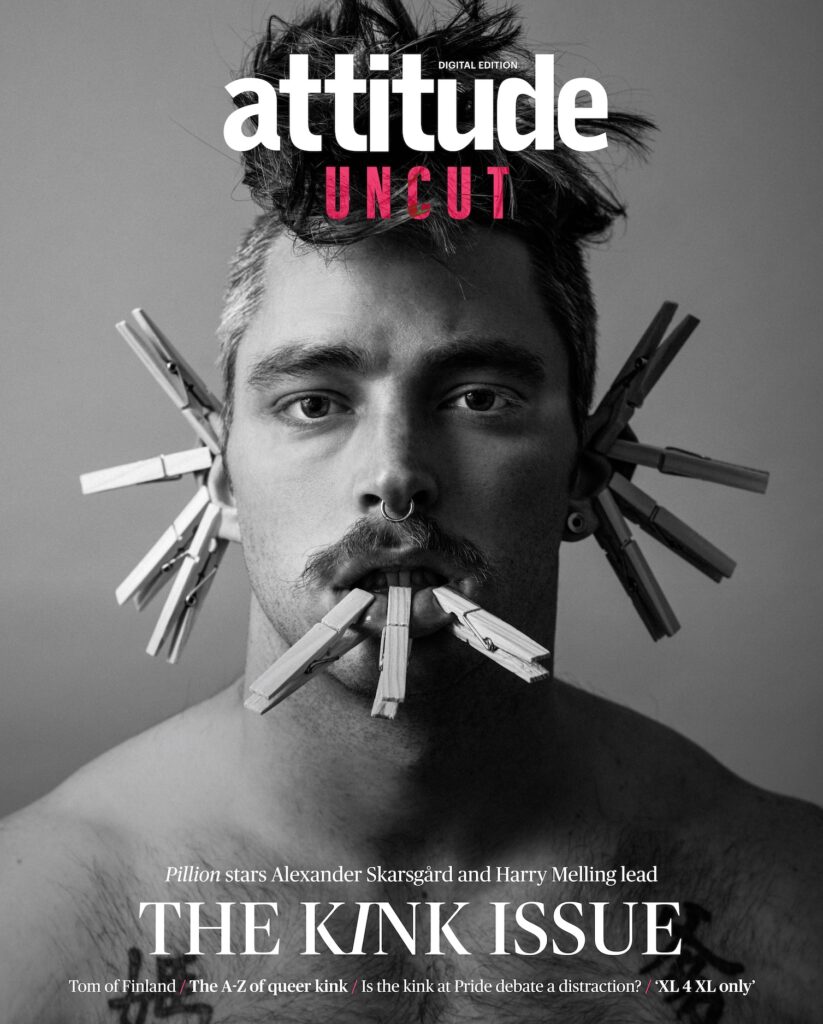 the cover of the first issue of Attitude Uncut, featuring a model with pegs attached to his face