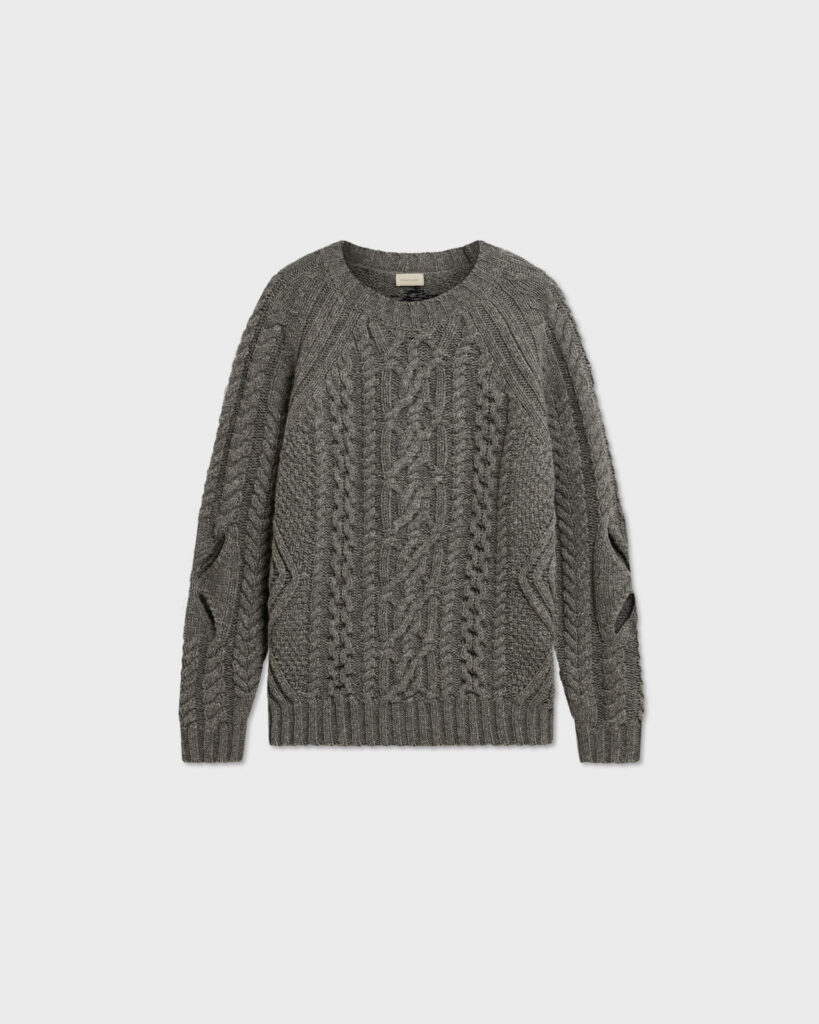A product shot of a grey cable knit jumper from London based brand Stefan Cooke featured in Attitude's 2025 luxury gift guide