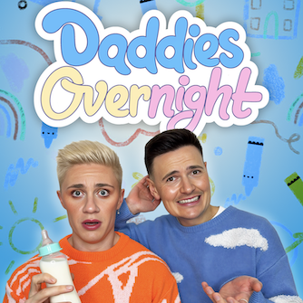 Matthew & Ryan Mackinnon wearing orange and blue holding a baby bottle