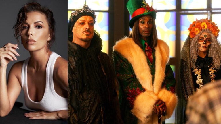 a close up portrait of Eva in a white top, and right, in the film Christmas Karma with co-stars Boy George and Billy Porter in costume as the Ghosts of Christmas Past, Present and Future