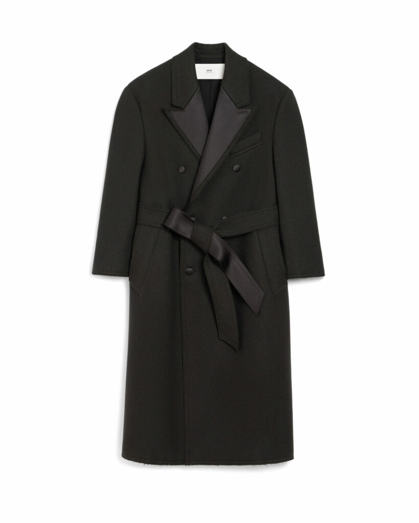 Product shot of a tuxedo-inspired double-breasted coat from AMI Paris
