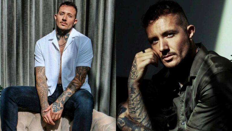 Side by side images of Jaxon Feeley wearing a shirt and jeans on the left and resting on his tattoed forearm in the other