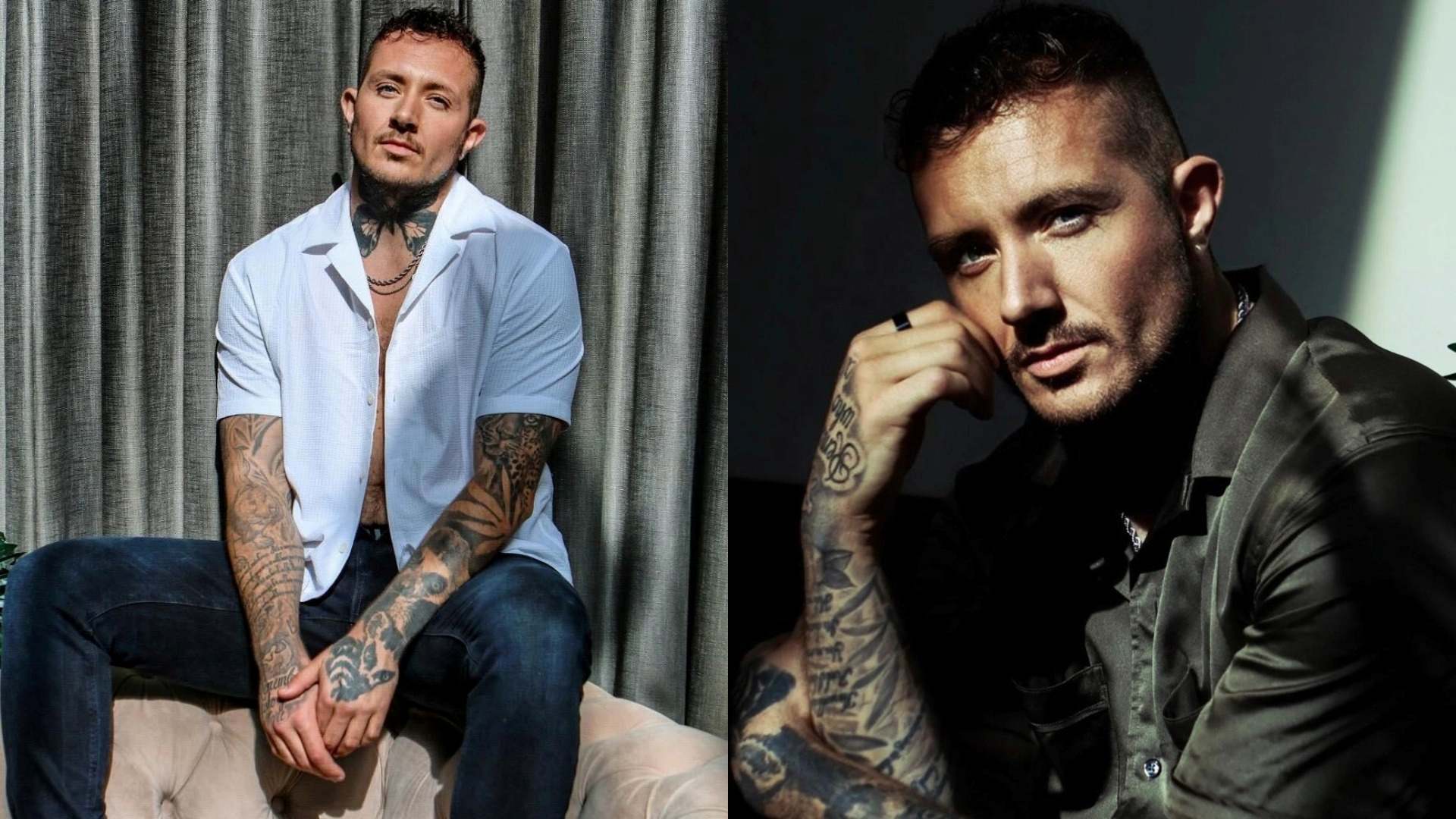Side by side images of Jaxon Feeley wearing a shirt and jeans on the left and resting on his tattoed forearm in the other