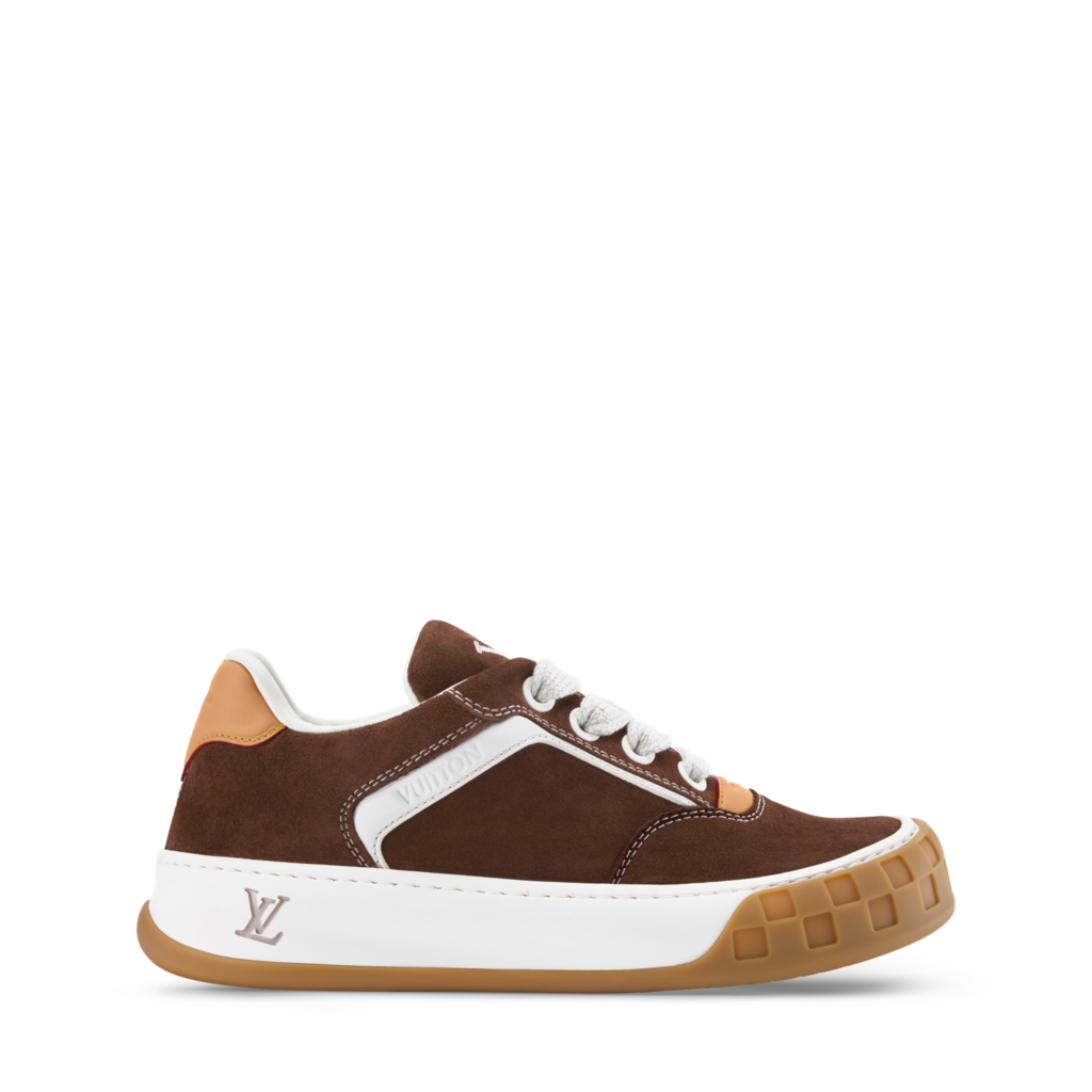 A product shot of the Louis Vuitton LV Tilted Trainers in brown 