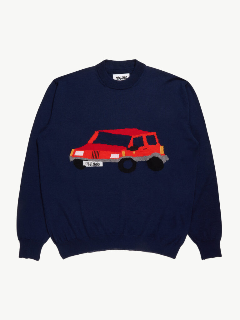 A product shot of the Magliano Pandino jumper featuring intarsia red truck motif 