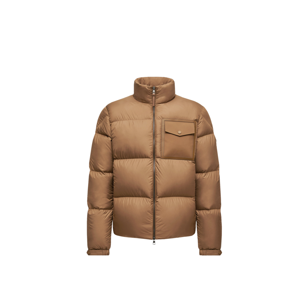 Product shot of the Moncler Chinon Square-Quilted Short Down Jacket in tan featured in Attitude's 2025 luxury gift guide