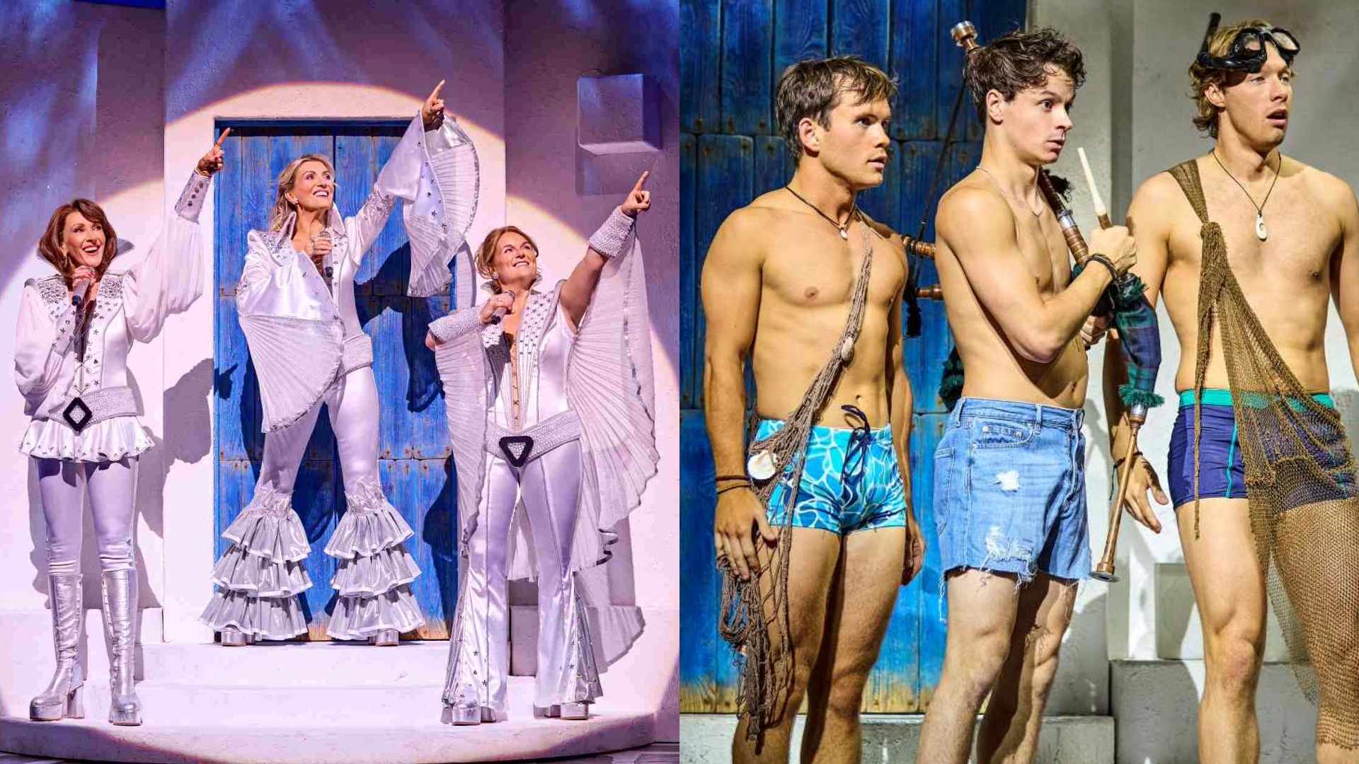 Composite image of female performers dressed as ABBA in Mamma Mia musical and of three shirtless men in shorts on the stage in Mamma Mia