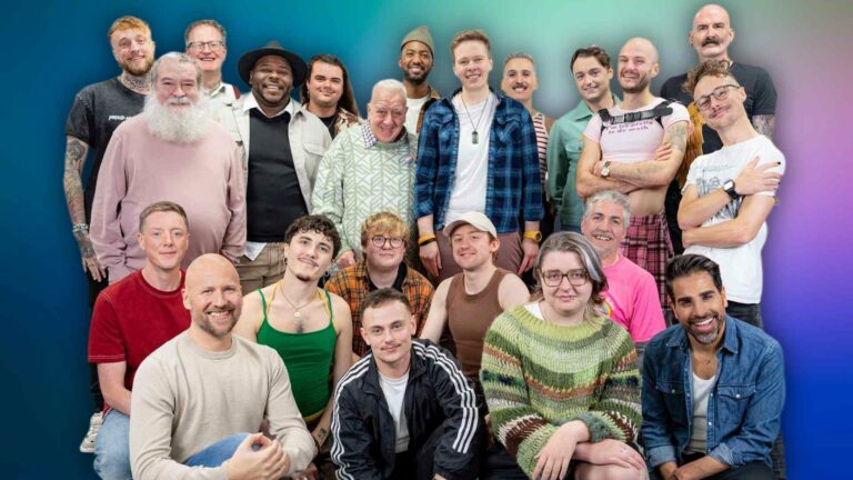 LGBT Foundation, Man Enough campaign with group of people huddled together