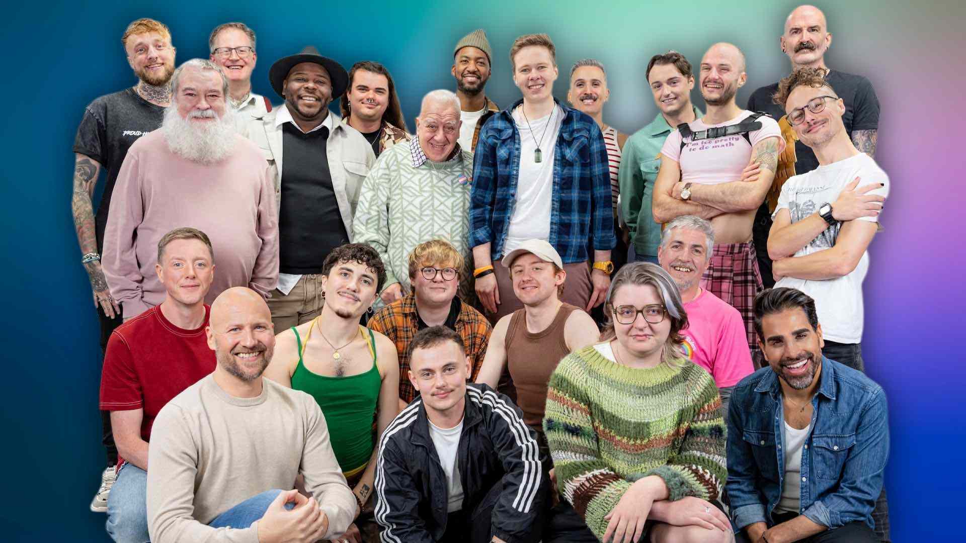 LGBT Foundation, Man Enough campaign with group of people huddled together