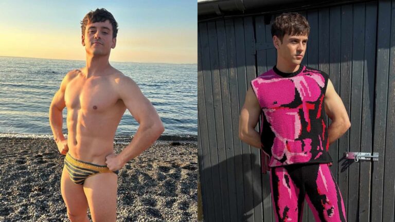 Tom Daley in speedos and knitted body co-ord