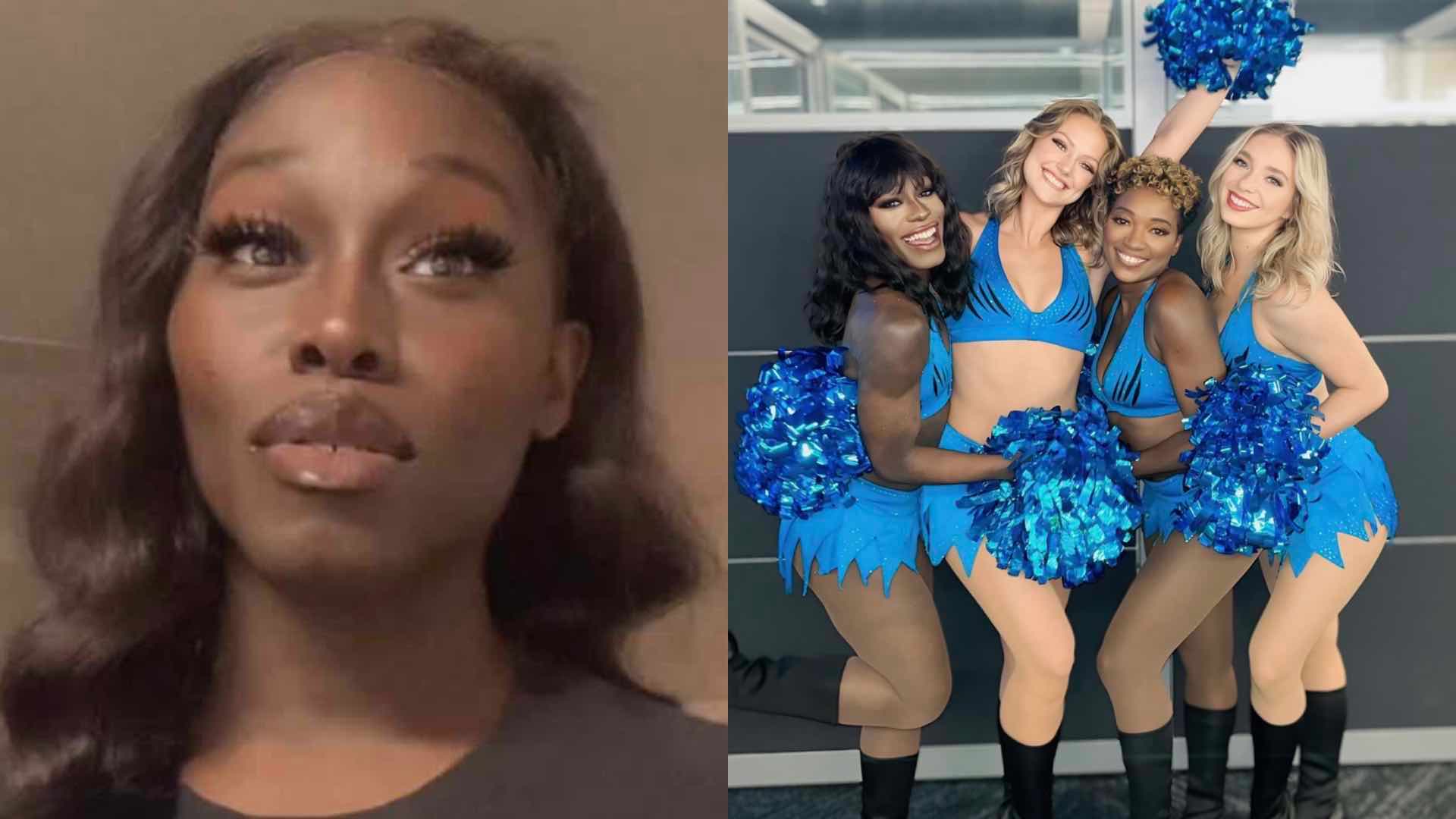 Justine Lindsay on the left and with her cheer team on the right