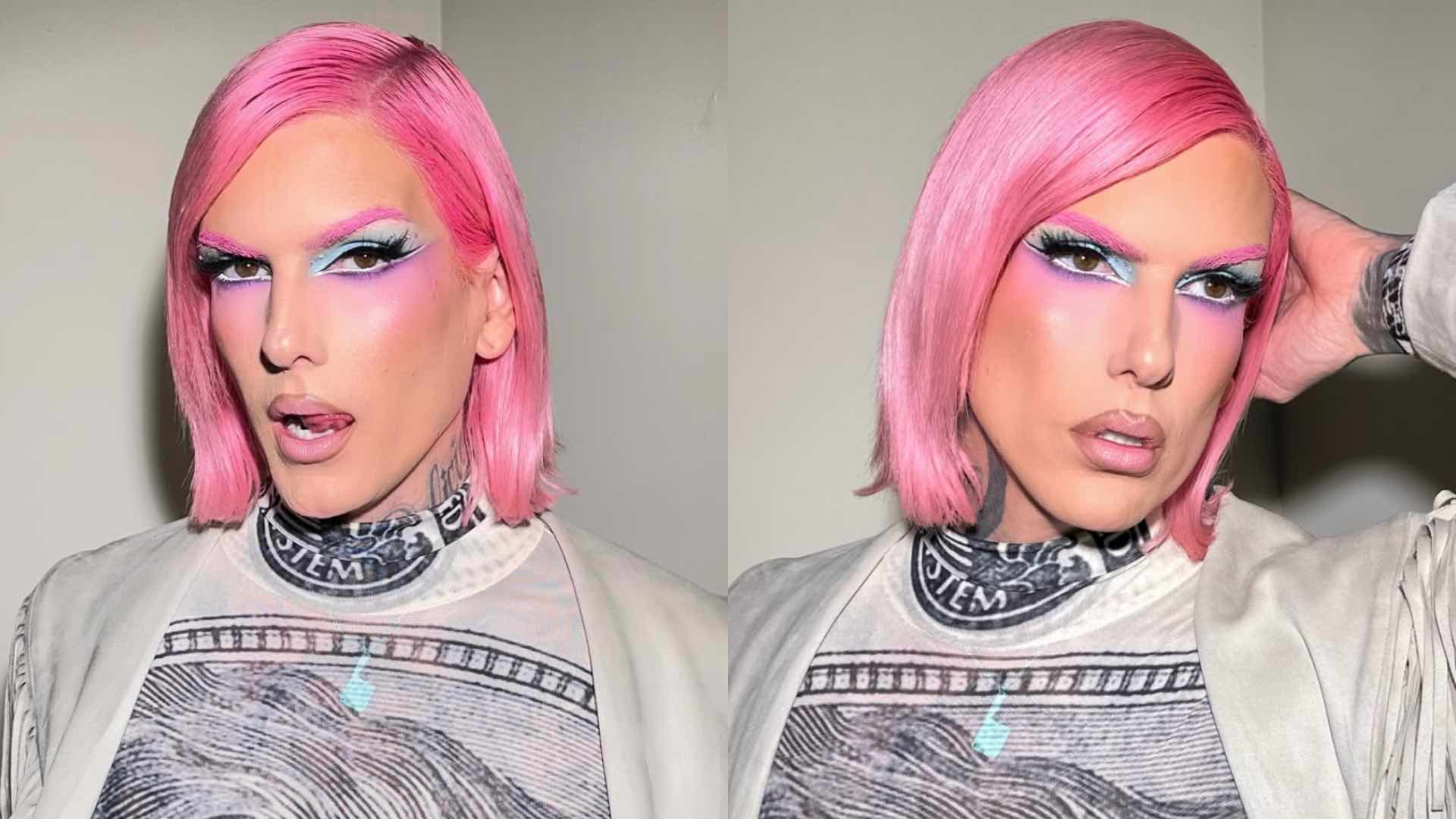 Jeffree Star with pink hair and blue makeup