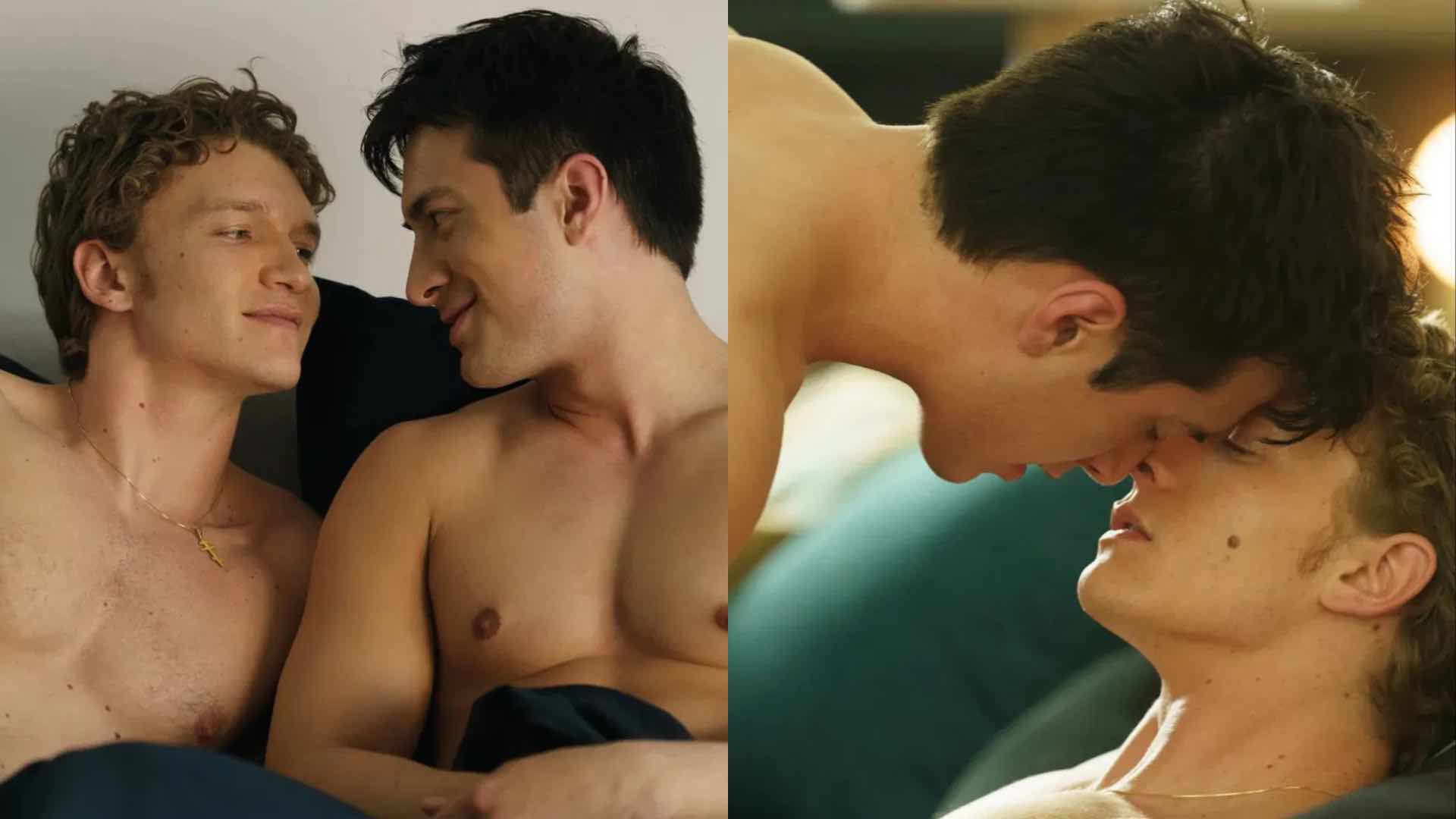 Two shirtless men kissing in bed