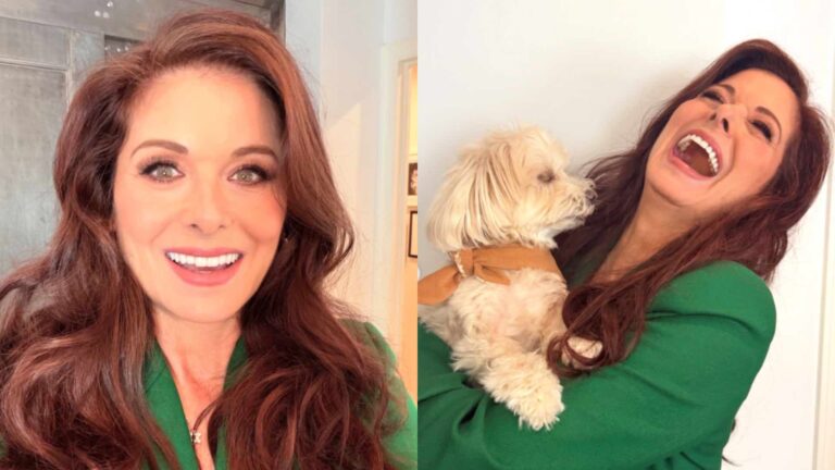 Debra Messing in green laughing