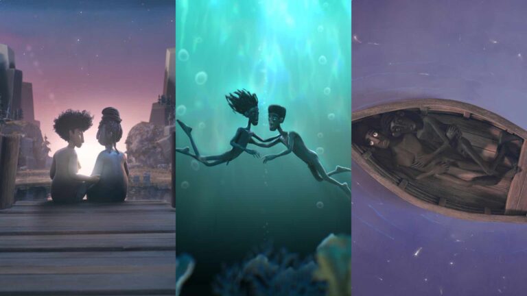 Two Black Boys, Dula and Edan, are lying naked in a small wooden rowboat, floating on calm, purple-toned water that sparkles faintly with reflected star light.