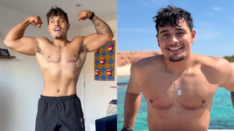 Zelah Glasson flexing on the left and on holiday on the right