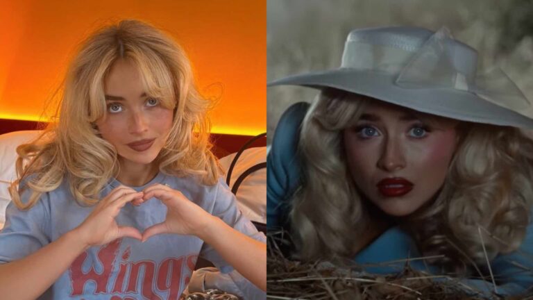 Sabrina Carpenter holding up a heart and in Tears music video wearing blue