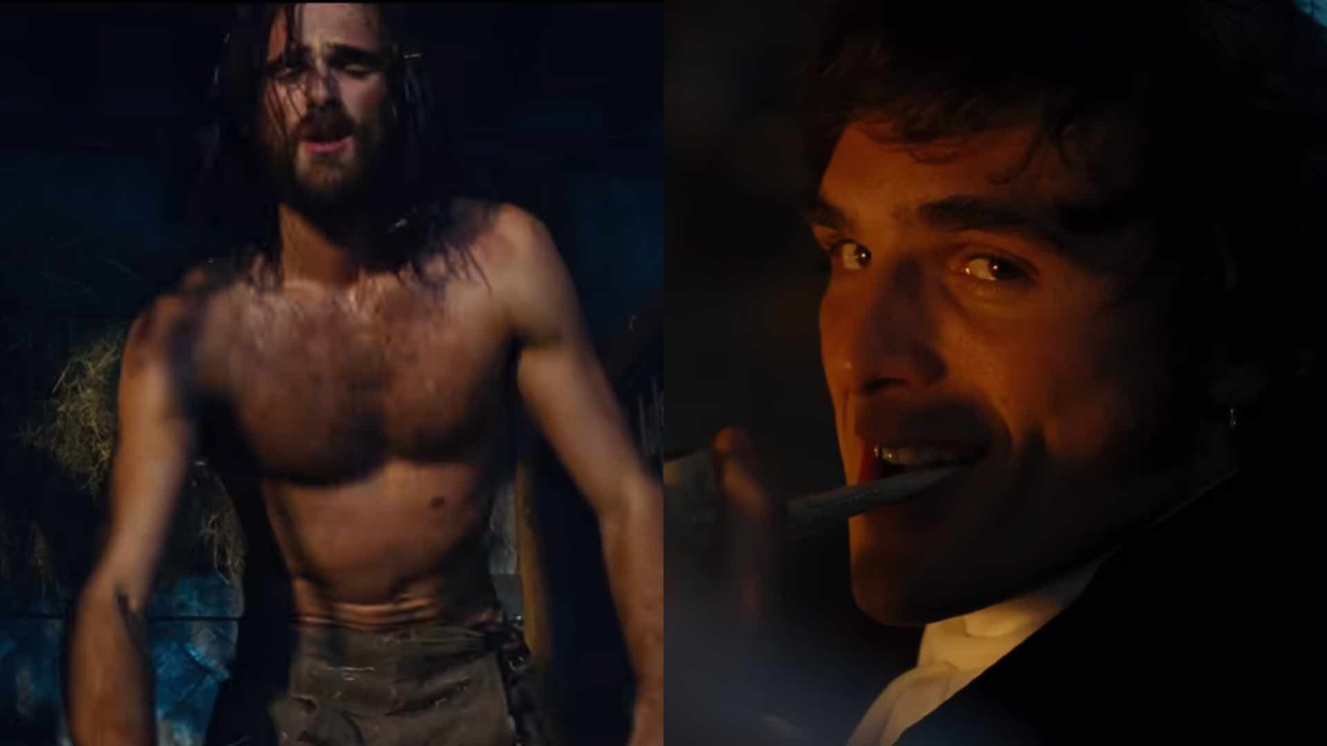 Jacob Elordi shirtless and biting a smoking pipe in Wuthering Heights