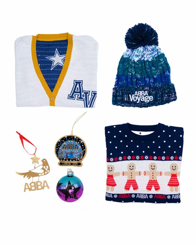 A selection of ABBA themed Christmas merch