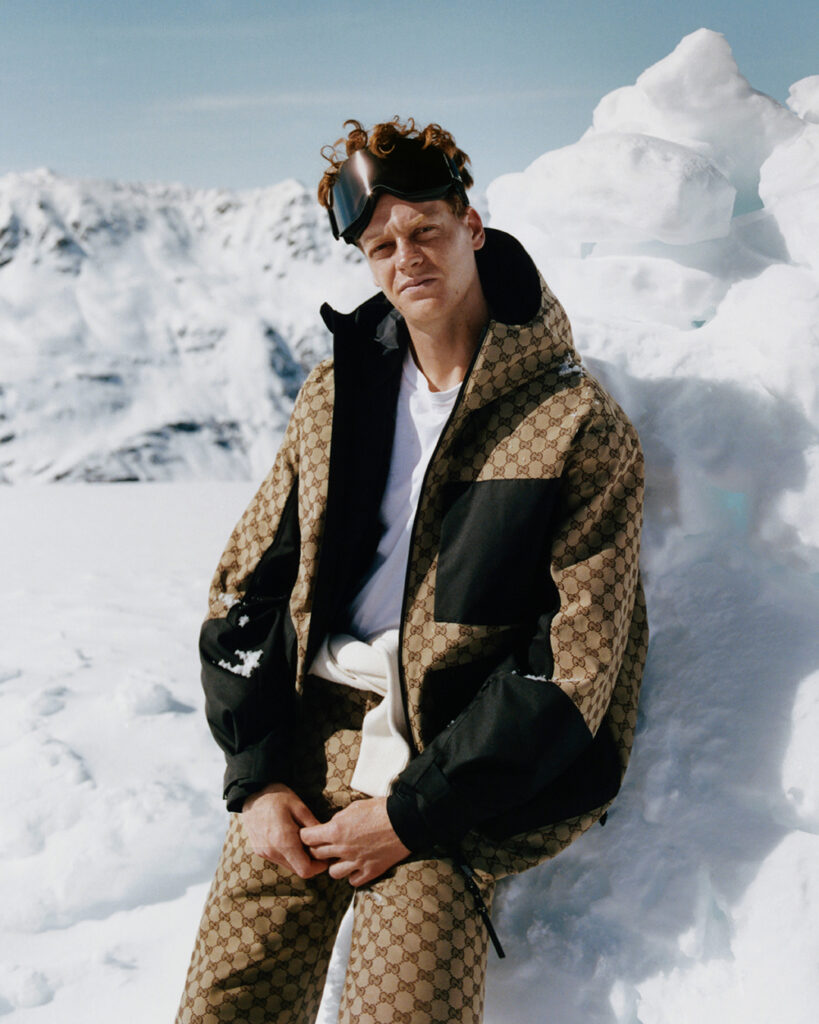 Tennis player Jannik Sinner models the Gucci Altitude skiwear collection