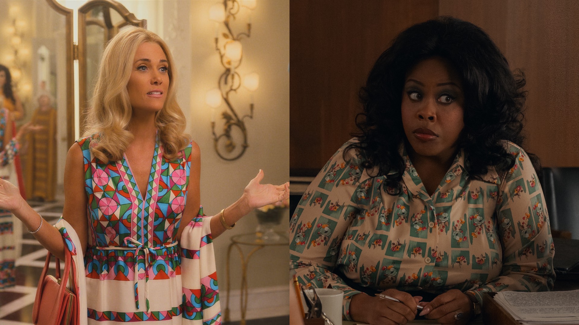 Kristen Wiig and Amber Chardae Robinson in Palm Royale; Kristen patterned dress, Amber sat down in patterned blouse