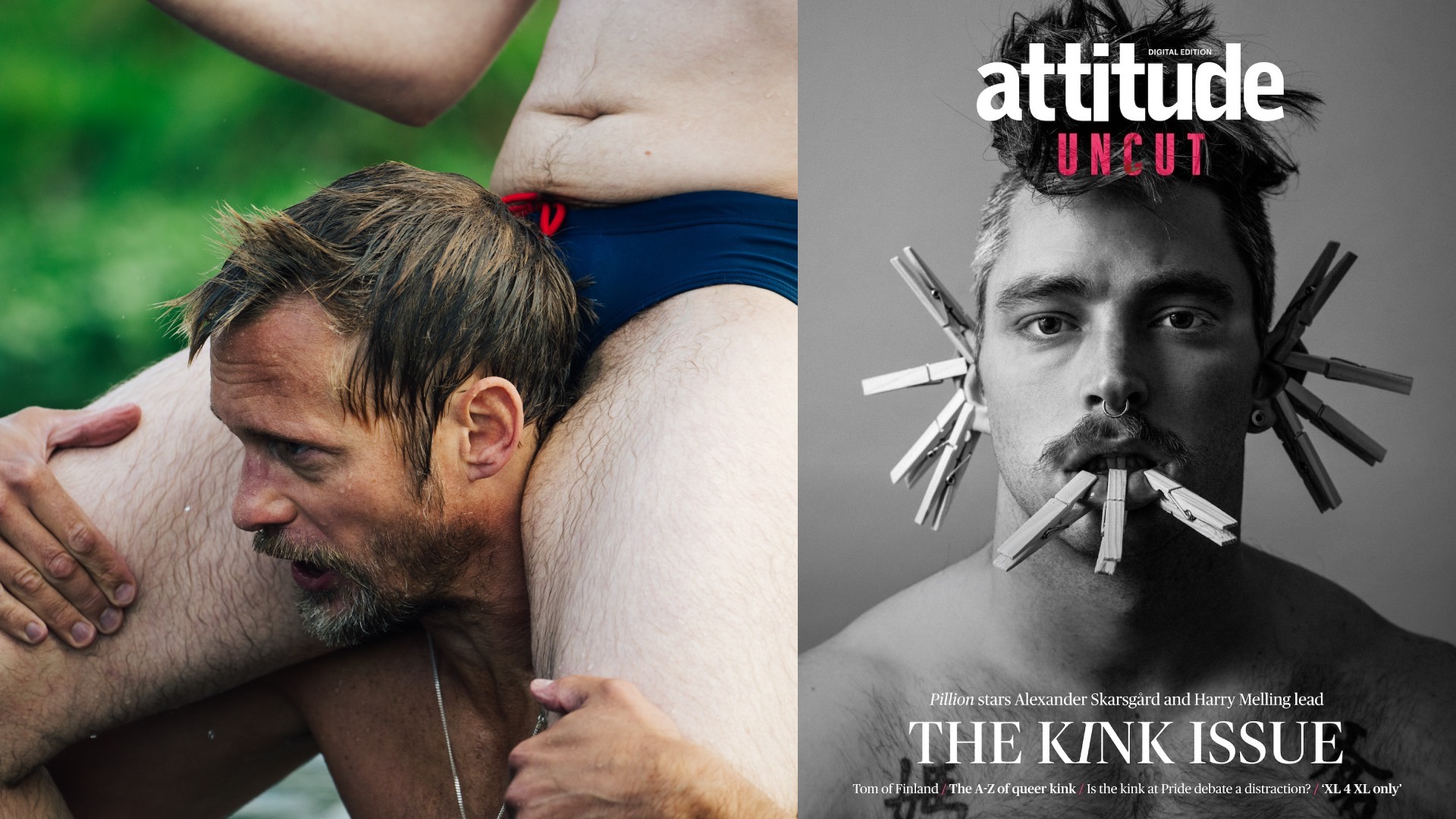 Alexander Skarsgaard in pillion, with harry melling stay on his shoulders, and right, the cover of Attitude Uncut