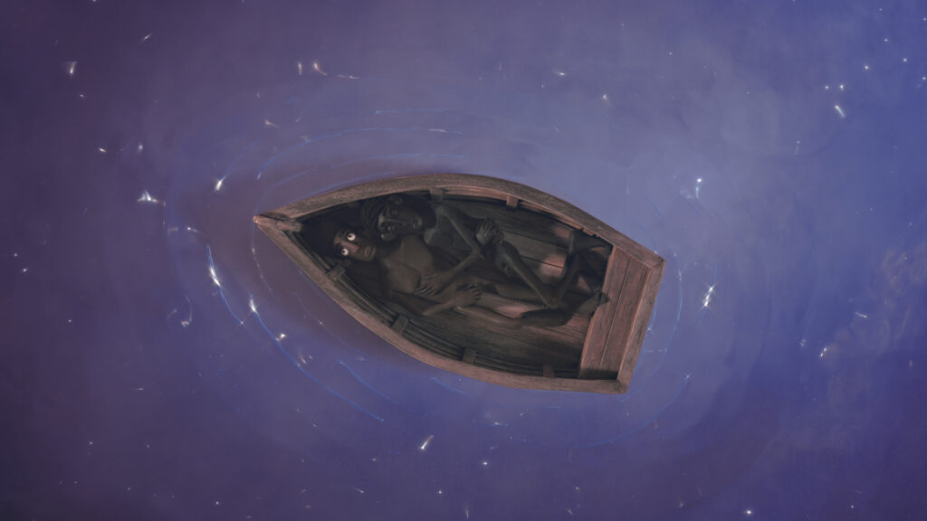 Two Black Boys, Dula and Edan, are lying naked in a small wooden rowboat, floating on calm,
purple-toned water that sparkles faintly with reflected star light.