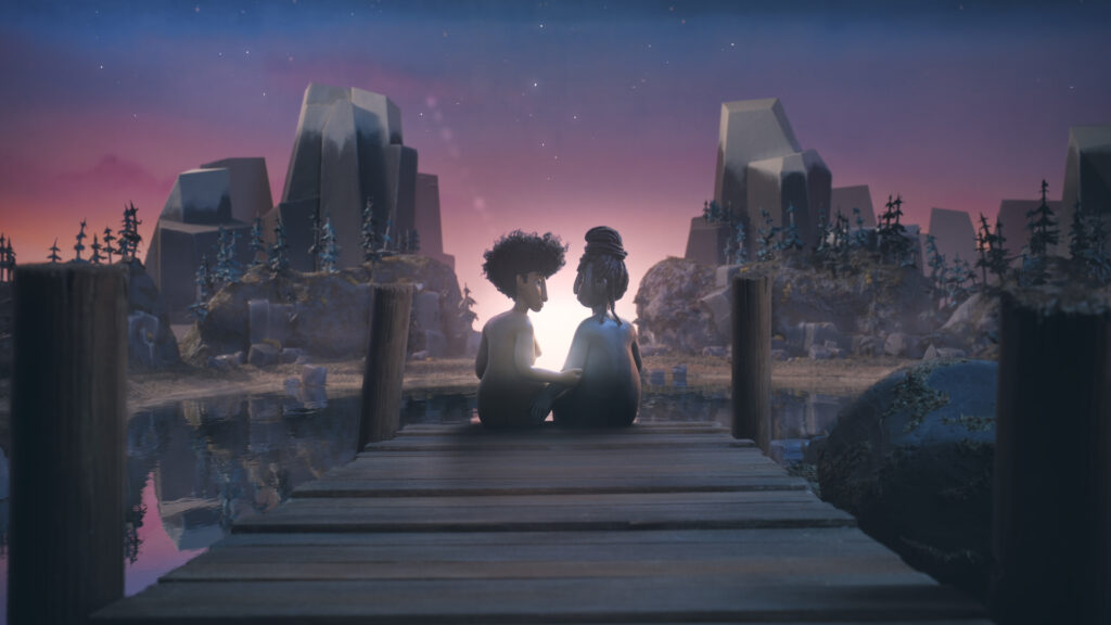 Two girls sit closely together on a wooden jetty at sunset, their faces turned towards each other,
framed by distant mountains across the lake.