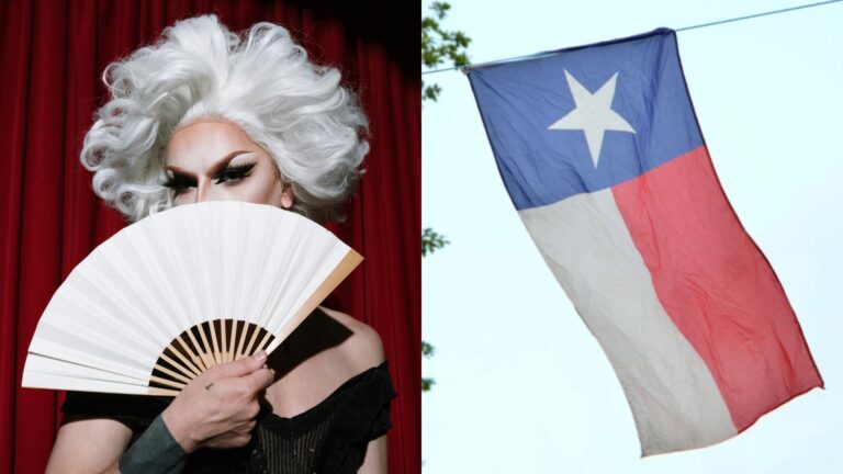 Drag Queen Holding White Hand Fan, twinned with Texas flag