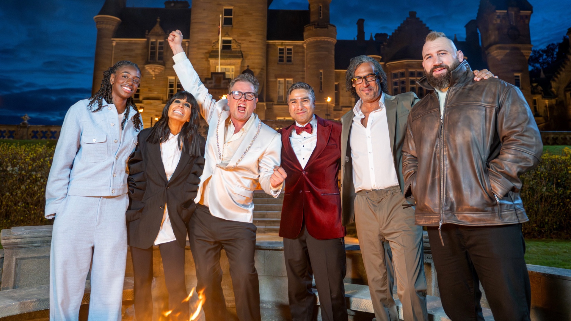 Cat Burns, Claudia Winkleman, Alan Carr, Nick Mohammed, David Olusoga and Joe Marler of The Celebrity Traitors series 1