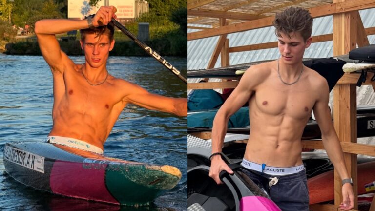 Kurts Adams Rozentals shirtless with his canoe