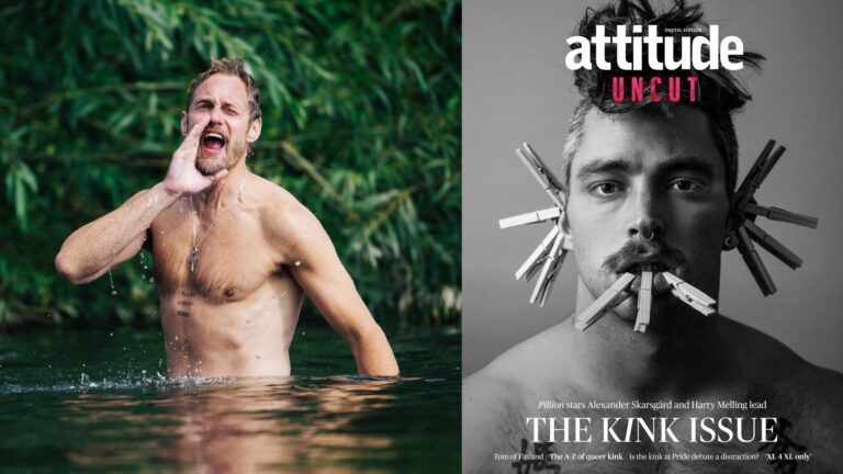 Alexander Skarsgård topless in water in a still from Pillion, and right, the cover of the inaugural issue of Attitude Uncut, featuring a model with pegs attached to his face (Images: Picturehouse/Attitude/Charles Moriarty)